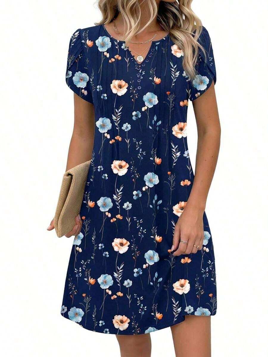 ,Flower Dress Women,2026 Women's Summer Casual Floral V-Neck A-Line T-Shirt Mini Dress Short Sleeve With Pockets Beach Sundress,Casual Summer Dress, Summer Casual Dress, Holiday Choice - 海軍藍色花卉 - 查看 1