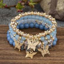 Women's Butterfly Beaded Bracelet Set, Elastic Chain Bangle With Pink Acrylic Beads, Bohemian Party Jewelry Gift, 4 Pieces. - 3 - 查看 3