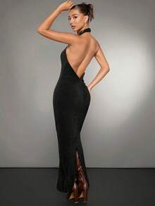 xheSHEIN  Vestido Con Cuello Halter De Color Sólido Sin Espalda Para Mujerxhe - Negro - Ver 1