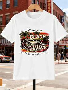T-shirt da uomo estiva con grafica Beach Surf, 100% cotone, stile street hip-hop, comoda, resistente, stampa di - Bianco - Visualizzare 2