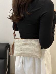 Geantă de mână pentru femei din paie țesute, nouă, de primăvară/vară, geantă versatilă de umăr/crossbody, geantă pătrată mică unică - Bej - Vizualizare 3