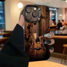 Única y elegante, lujosa funda para teléfono con diseño artístico de guitarra tallada en madera, con orificios grandes, anticaída y antideslizante, para iPhone 17/16/15/14/13/12/11/Plus/Pro/Max/Air/Mini/16E. Ligera y lujosa, duradera, con un diseño claro y colorido, es el regalo perfecto para el Día de San Valentín, cumpleaños, para tu novia o novio. - Negro - Ver 3