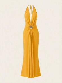 MEXOpulessa Vestido espalda descubierta de punto de unicolor para mujerMEX H5N4 - Amarillo - Ver 1