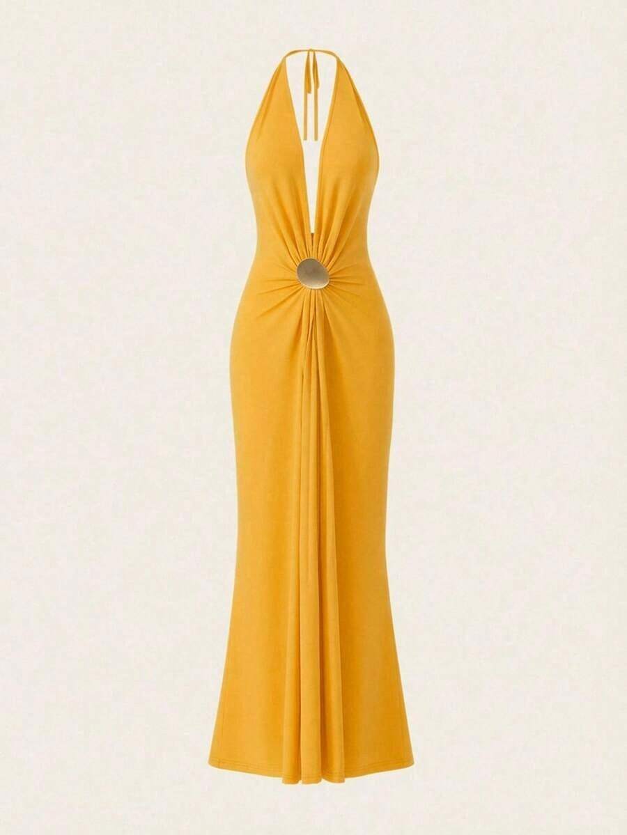 MEXOpulessa Vestido espalda descubierta de punto de unicolor para mujerMEX H5N4 - Amarillo - Ver 1