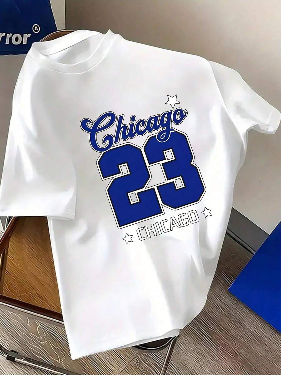 Men's Plus Size T-Shirt, 100% Cotton, With Chicago No. 23 Print, Crew Neck, Short Sleeves, Comfortable And Casual For Summer. Minimalist INS Lettering Print / Sports Pattern Collection With Religious-Style Lettering / Loose Fit And Soft To The Touch / Ideal Gift Option - White - View 1