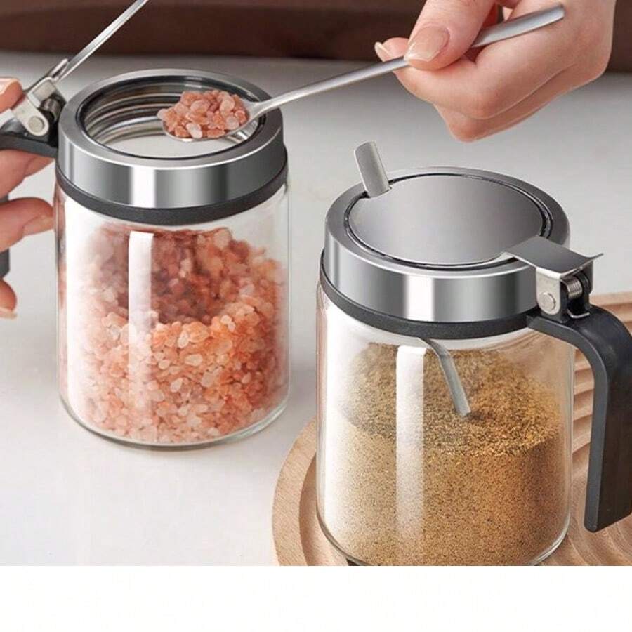 1pc Stainless Steel Seasoning Jar, Glass Spice Jar With Spoon, Moisture-Proof Salt Cellar, Suitable For Kitchen Storage - Multicolor - View 1
