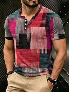 Herr T-shirt i våffelsstickat med digitalt 3D-tryck, patchwork, kontrasterande färger, för utomhusbruk, sportig och casual, med Henley-krage - Röd - Visa 1