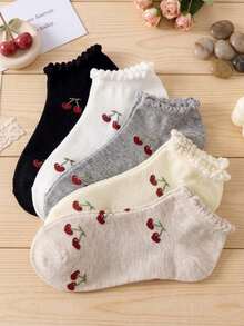 5 Pairs Girls' Cute Cherry Pattern Minimalist Thin Ankle Socks, Ruffled Hem Design, Christmas Gift, Fashionable Ins Style Comfortable White Socks, Random Colors, Suitable For All Seasons - Multicolor - View 4