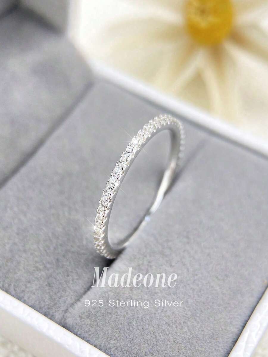 MADEONE 1枚镶钻单圈戒指，女士S925纯银奢华戒指，精致珠宝，女孩礼物，派对装饰，结婚订婚戒指，新娘珠宝