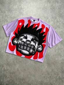 Manfinity Roghcode Men's Oversized Distressed Funny Diamond Teeth Tattoo Big Face Allover Print Cropped Loose T-Shirt (High Quality) - Mauve Purple - View 2