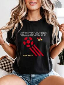 Tyskland Fotboll Retro Logo T-shirt |   USA 2026 Fotbollströja Dam, VM 2026 Fan-tröja, Fotbollstryck, Ledig Lös Bomulls T-shirt med Korta Ärmar, Dam Mbappe Grafisk T-shirt, grafisk t-shirt, fotbollströja, Tyskland Fotbollströja för Dam - Svart - Visa 7