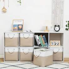 Senmeo 6 Pcs 11*11*11 Inch Foldable Fabric Storage Boxes,Large Cube Design,Rope Side Handles,Durable White&Beige Material,Stackable Space Saving,For Home/Office/Closet/Shelf - 11x11x11 Inches - View 1