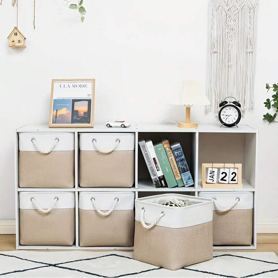 Senmeo 6 Pcs 11*11*11 Inch Foldable Fabric Storage Boxes,Large Cube Design,Rope Side Handles,Durable White&Beige Material,Stackable Space Saving,For Home/Office/Closet/Shelf - 11x11x11 Inches - View 1