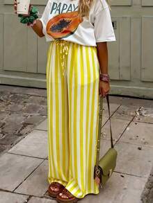 Women's Casual Striped Straight Loose Pants For Summer, Suitable For Daily Wear & Vacation - Fluorescent Yellow - View 3