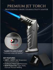 Heavy Duty Dual Flame Butane Torch Lighter, Windproof Refillable Jet Lighter With Continuous Flame Lock, Zinc Alloy Handheld Blow Torch For Culinary, Baking, Crafts & Hobbies (Butane Gas Not Included) - Premium Nickel Black - Black - View 4