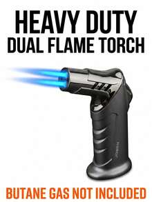 Heavy Duty Dual Flame Butane Torch Lighter, Windproof Refillable Jet Lighter With Continuous Flame Lock, Zinc Alloy Handheld Blow Torch For Culinary, Baking, Crafts & Hobbies (Butane Gas Not Included) - Premium Nickel Black - Black - View 6