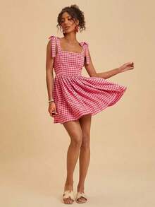 xheTravachic Vestido de verano de mujer con cuello cuadrado, sin mangas, con cintura ajustada y lazo delantero, en estampado floral. Conjunto de vacaciones para mujer, atuendos para vacaciones, atuendos de playa, conjuntos de verano para mujer, vestidos de verano para mujer, vestidos para mujer, vestido de veranoxhe - Rojo y blanco - Ver 6