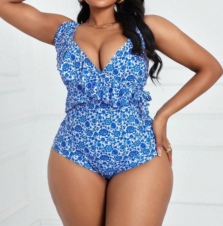 Plus Size Women's One-Piece Swimsuit With Ruffles + Mesh Skirt - 藍色 - 查看 1