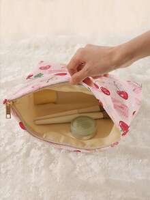 1 pieza Bolsa de cosméticos portátil con estampado de cerezas de impresión doble cara, estuche de maquillaje con cremallera para viajes, organizador de artículos de tocador multifuncional - Multicolor - Ver 4
