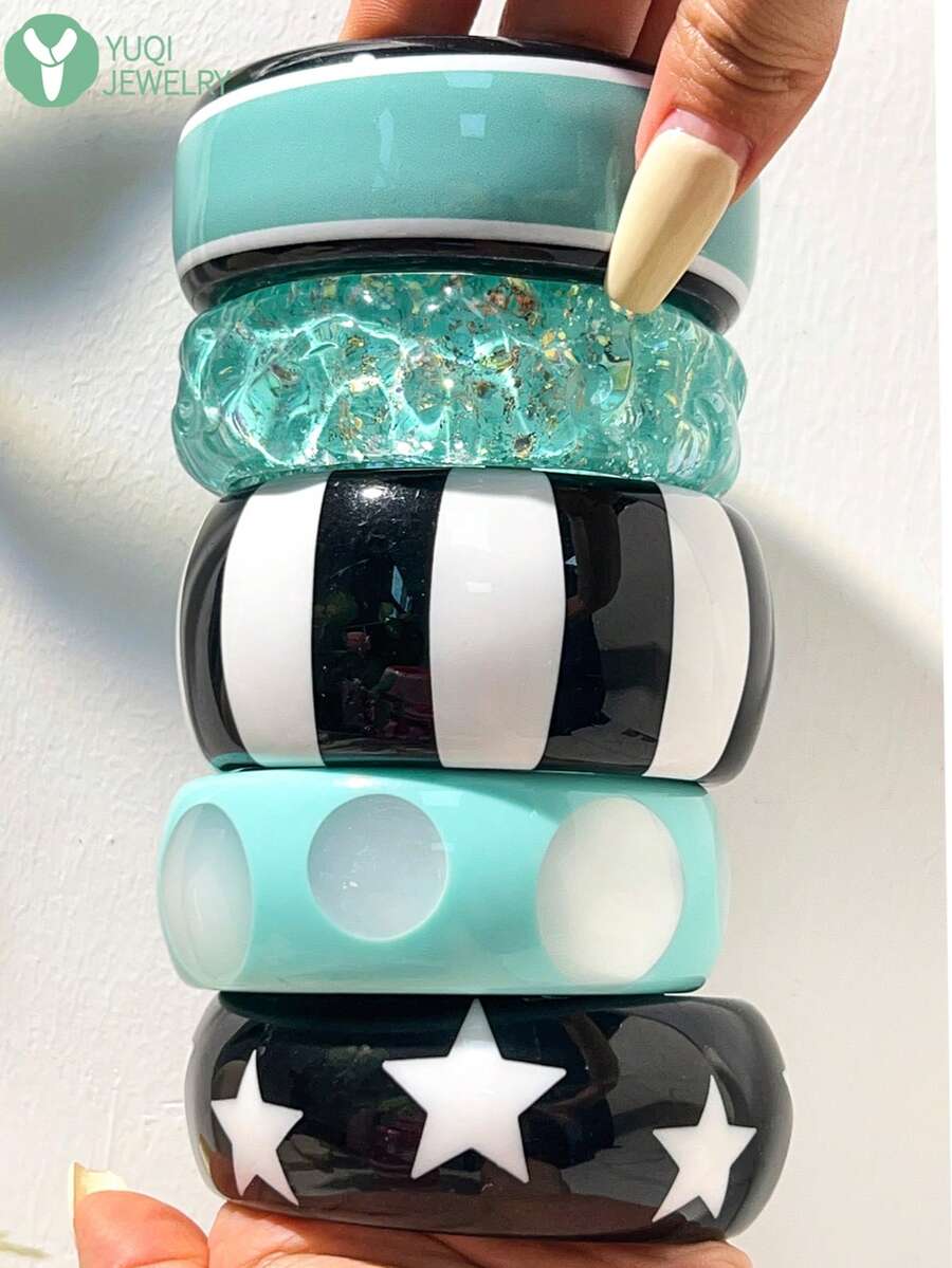1pc Vintage Asymmetrical Resin Bracelet With Sparkle, Non-Electroplated Handmade Contrast Color Design, Suitable For Music Festivals, Parties, And Daily Wear - Multicolor B - View 1