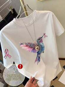 [Flash ] Women's Short-Sleeved T-Shirt With Round Neck, Crystal Hummingbird Print And Pink Ribbon, For Spring/Summer/Autumn - 風格 - 查看 5