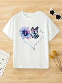 Casual T-Shirt For Girls With Butterfly, Heart And Flower - 白色 - 查看 1
