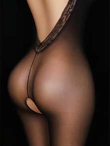Black Temptation Halter Neck Lingerie, One Size Design, High Elasticity. Features Include Fishnet Jumpsuit Design, Lace Mesh Jumpsuit And Open Crotch Style. - Black - View 6