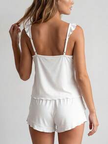 Women's Summer Pajamas Set Fashionable Solid Color Ruffle Tank Tops With Shorts 2Pcs Soft Sleepwear - White - View 3