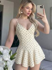 Summer Date Night Going-Out Bodycon Polka Dot Cami Romper, Built-In Shorts Layered Ruffle Hem Mini Dress Elegant - Beige - View 3