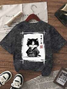 Short-Sleeved T-Shirt With Round Neck, Samurai Cat Print And Tie-Dye, Minimalist And Fashionable Style For Summer, Versatile And Elegant Blouse For Women In Black Unisex (Retro Style, Unisex, Casual Blouses For Women, Women's T-Shirts) - 黑色 - 查看 2