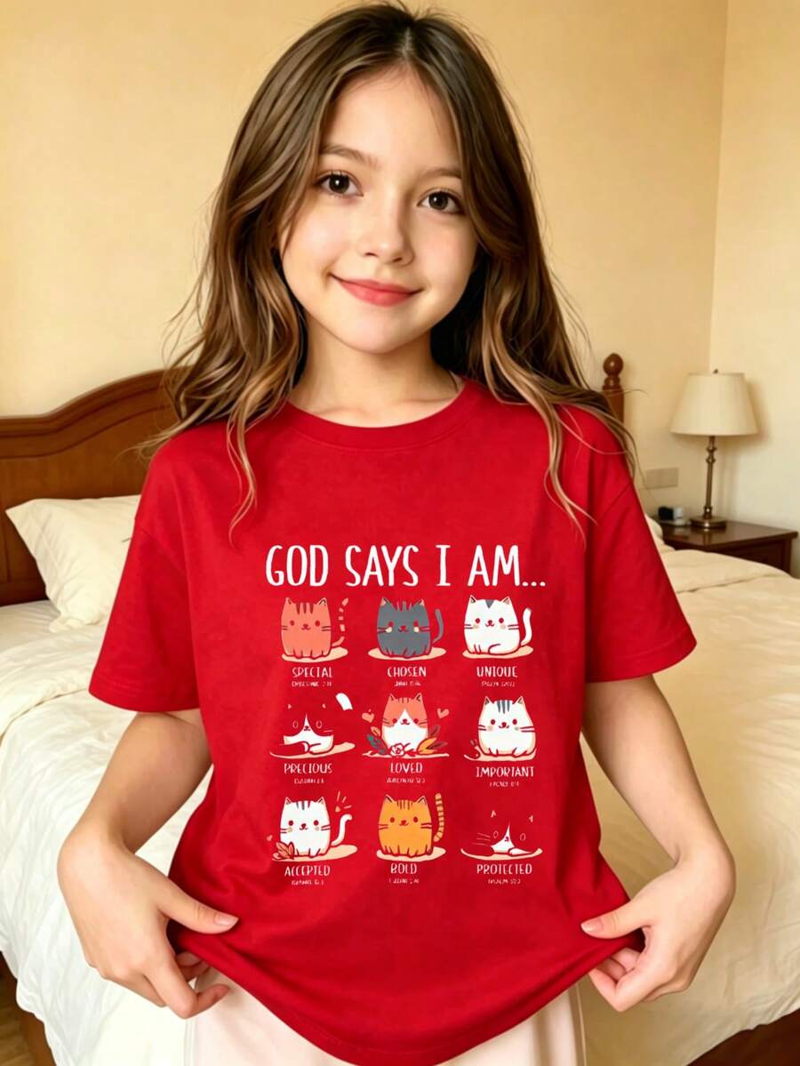 God Says I'm A Cat T-Shirt For Girls - Red - View 1