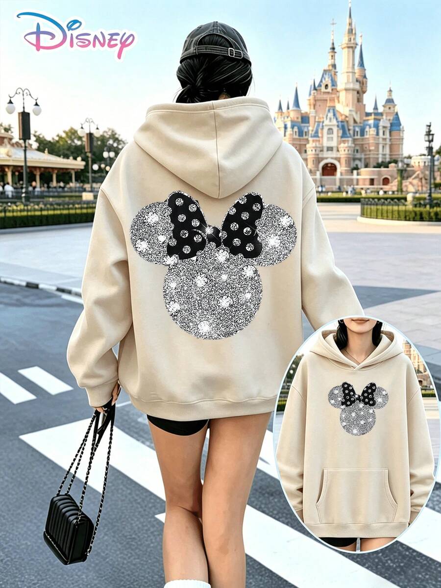 The Disney "Mickey Mouse Sparkle" Y2K Print Hoodie Is A Playful, Loose-Fitting Top With A Casual Print. As A Versatile And Casual Holiday Gift, It's The Perfect Choice. (Women's Fall/Winter Clothing / Elegant Women's Wear / Printed Hoodies / Printed Tops / Women's Casual Wear / Women's Fashion Essentials / Holiday Outfits / Plus-Size Friendly) - Apricot - View 1