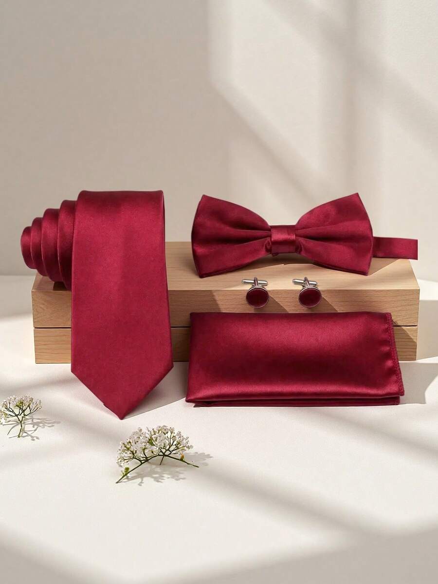 Set de 4 piezas para hombre de negocios con corbata de unicolor de poliéster, pajarita, pañuelo de bolsillo y gemelos, para bodas - Burdeos - Ver 1