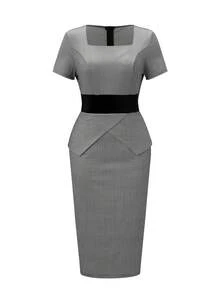 NOU Women's Mid-Length Elegant Square Neck Bodycon Plaid Dress, Flattering Fit For Work, Afternoon Tea, Church, Birthday Party, Mother's Day, Casual Wear, Spring & Autumn - Multicolor - View 8
