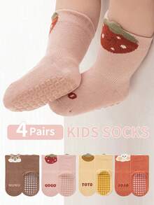 4 Pairs Cartoon Fruit & Animal Pattern Dotted Grip Soft Sole Versatile Letter Indoor Anti-Slip Socks For Baby Boys & Girls - Multicolor - View 1
