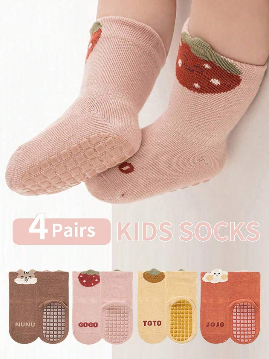 4 Pairs Cartoon Fruit & Animal Pattern Dotted Grip Soft Sole Versatile Letter Indoor Anti-Slip Socks For Baby Boys & Girls - Multicolor - View 1