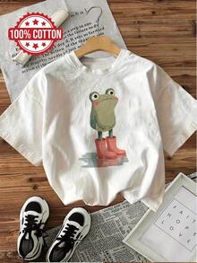 Frog With Rain Boots Standing In A Puddle, Print On Casual Short-Sleeved And Crew Neck T-Shirt%, Suitable For Summer And Spring, Women's Clothing, Women's Summer Outfit. - White - View 1