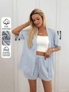 2026 Conjunto de kimono de algodón blanco con arrugas + shorts, conjunto casual de vacaciones para primavera/verano - Multicolor 3 - Ver 3