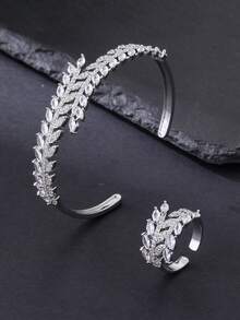 Bộ 2 món vòng tay và nhẫn hở tai hình lúa mì đan xen lấp lánh đá Cubic Zirconia cao cấp, mạ bạc/vàng, đa năng cho đeo hàng ngày, lễ hội, đám cưới, tiệc tùng, quà tặng tốt nghiệp, quà tặng sang trọng dành cho nữ. - Bông lúa mì khảm đá zircon - Xem 10