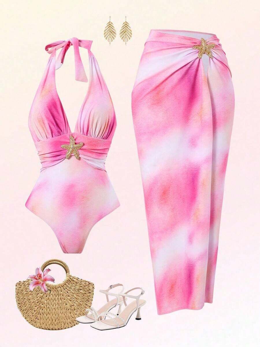 Conjunto de 2 piezas de traje de baño de una sola pieza con estampado de estrella de mar y falda de playa en color rosa elegante, para verano - Rosa - Ver 1