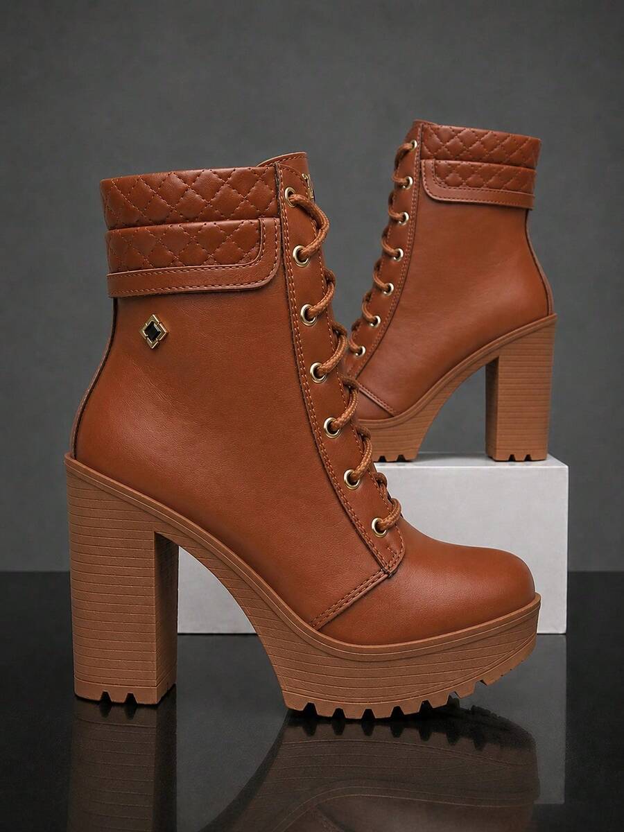 Women's Fashion Chunky Heel Ankle Boots, Platform Sole, Blogger Style, Super Comfortable, Luxury - Rust Brown - View 1