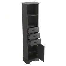 Bathroom Cabinet Measuring 38 X 26 X 172.5 Cm High, Fully Lacquered For Moisture Resistance, Three Drawers + Double Open Shelf + Cabinet Doors, Adjustable Shelves, White. - Black - View 6
