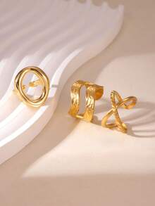 3pcs Niche Minimalist Geometric Asymmetrical Stainless Steel Oil-Pressed Open Adjustable Rings, Luxury High-End Style, Suitable For Women's Daily Wear - Multicolor - View 3