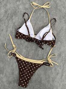 Conjunto de traje de baño para mujer 2026, parte superior de bikini con estampado de lunares y contraste de color tipo halter sexy con espalda descubierta, y Bottom tipo tanga, adecuado para el Día de San Valentín, la playa, resort, vacaciones al aire libre en verano - caqui claro - Ver 8