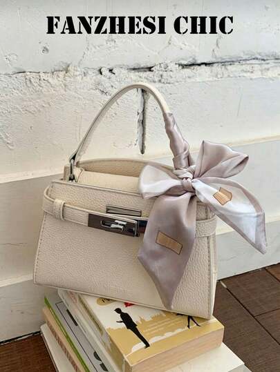 Bolso de mano de mujer de color blanco crema de PU, textura de grano de litchi, cierre de bloqueo plateado, ideal para damas de oficina, maestras y profesionales jóvenes, perfecto para el viaje diario, la oficina, las citas y las salidas casuales, estilo versátil para todas las estaciones