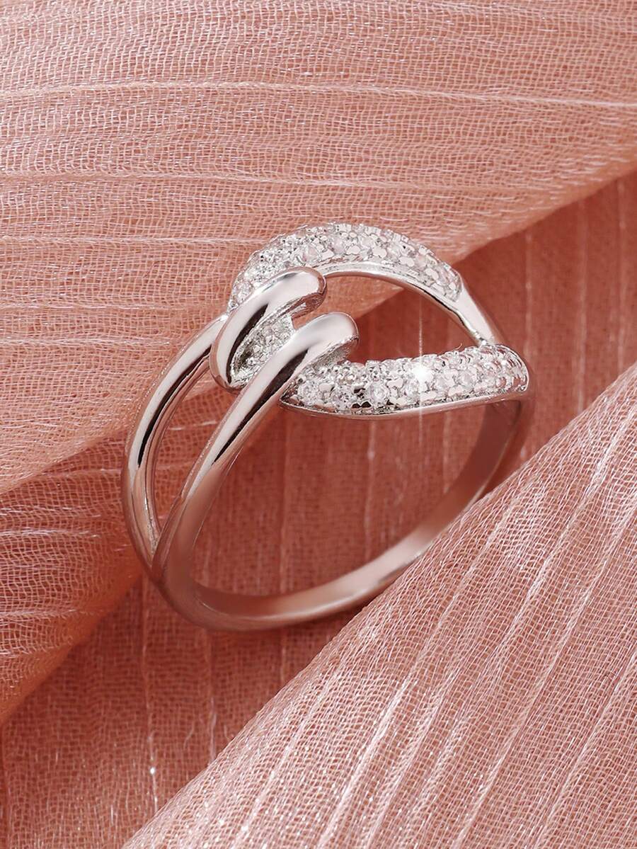 1pc Elegant Intricate Twisted Design Women's Ring With Embedded Sparkling Synthetic Cubic Zirconia, Suitable For Weddings, Engagements, Daily Wear, Anniversaries And Special Occasions - Silver - View 1