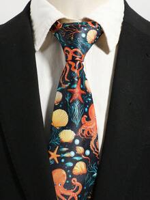 1 pieza Corbata de hombre con estampado de dibujos animados de pulpo, estrella de mar y concha, adecuada para salidas, fiestas, reuniones y vacaciones - Multicolor - Ver 2