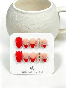 10 Stücke handgefertigte mandelförmige Press-On Kunstnägel mit auffälligem Farbblock-Design in Nude-Rosa und echtem Rot, kombiniert mit roten French-Tips und umrahmt von einer Kette aus AB-Kristall-Strasssteinen, perfekt für Mädchen, geeignet für Partys, Hochzeiten und den Alltag, inklusive Tool-Kit - Rot - Übersicht 2