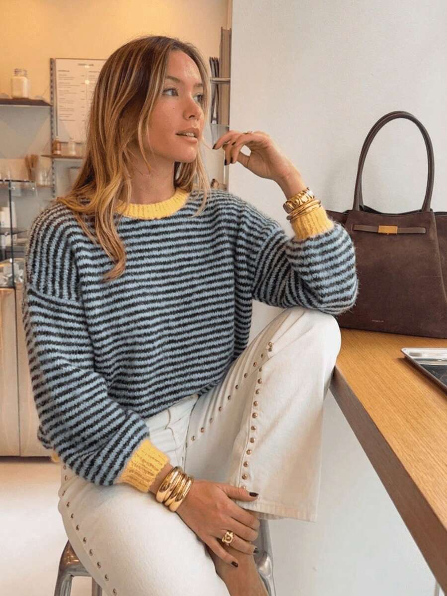 Women's Fashion Striped Knit Sweater, Crew Neck, Regular Sleeve, Medium Stretch, Pullover, Autumn/Winter, Versatile Daily Wear - Blue - View 1