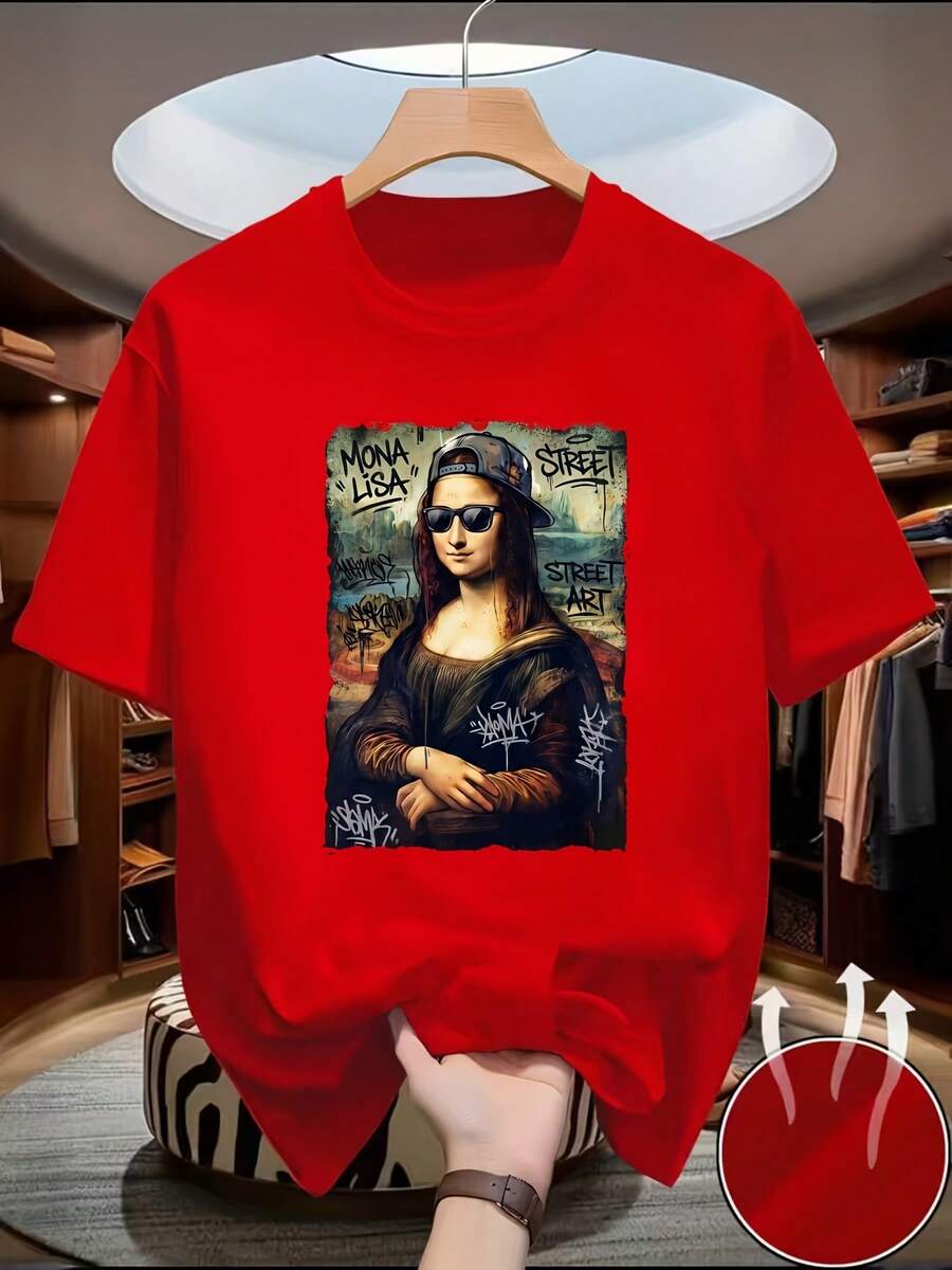 Men's Round Neck, Short Sleeve, Printed Summer T-Shirt, Easy To Wear, Comfortable Design With Fashionable Elements, High Comfort, Breathable, Long-Lasting Comfort, Attractive, Moisture-Wicking, High-Quality Fabric, Fashionable Item, Mona Lisa Parody, Abstract - 紅色 - 查看 1